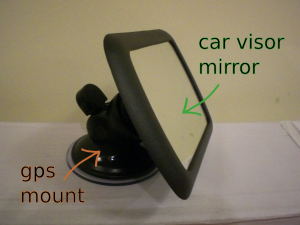 A photo of the dashmirror, with part labels; it's made from a car visor mirror glued to a GPS suction-cup mount.